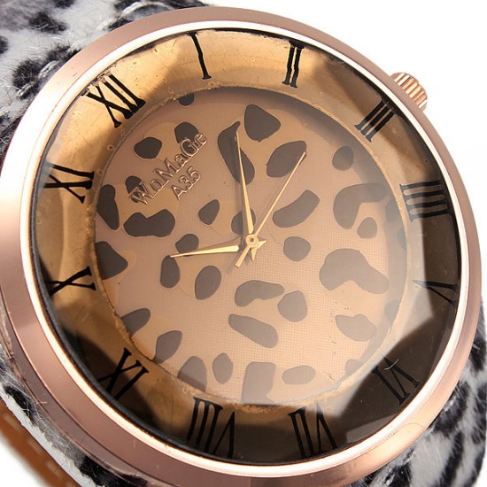 Fashion Women Sexy Leopard Brilliant Crystal Fur Big Wrist Watch