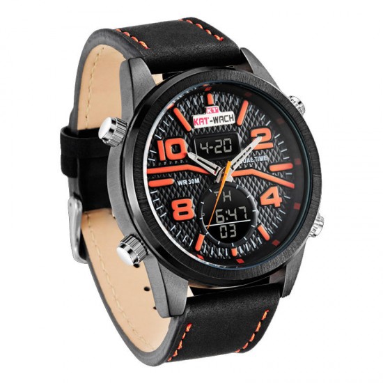 KAT-WACH KT715 Dual Display Digital Watch Large Numbers Leather Chronograph Men Outdoor Sport Watch