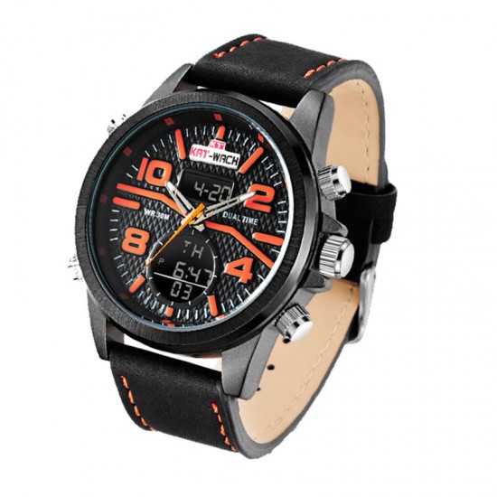 KAT-WACH KT715 Dual Display Digital Watch Large Numbers Leather Chronograph Men Outdoor Sport Watch