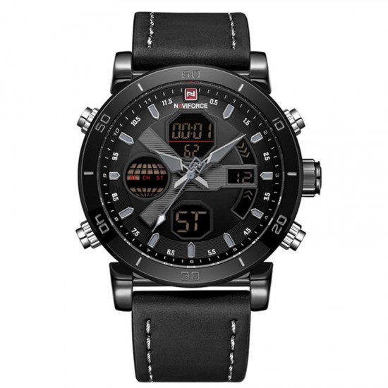 NAVIFORCE 9132 Dual Display Digital Watch Men Luminous Calendar Watch Leather Strap Watch