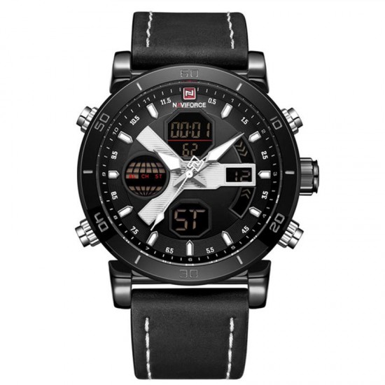 NAVIFORCE 9132 Dual Display Digital Watch Men Luminous Calendar Watch Leather Strap Watch