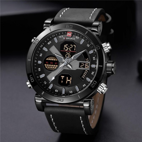NAVIFORCE 9132 Dual Display Digital Watch Men Luminous Calendar Watch Leather Strap Watch