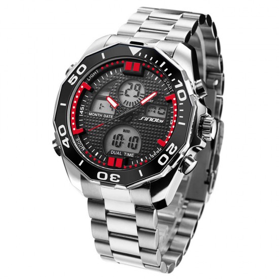 SINOBI 9730 Dual Display Digital Watch Stainless Steel Strap Men Luminous Display Sport Watch