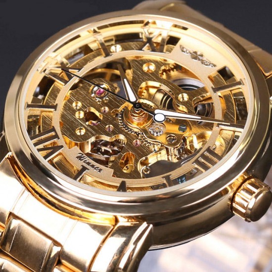 028 Full Steel Strap Men Watch Skeleton Self-Wind Mechanical Wrist Watch