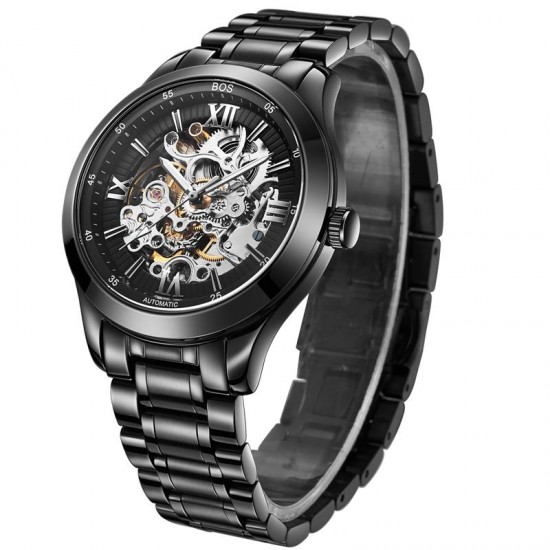 ANGELA BOS 9008 Mechanical Men Watch Automatic Pointer Black Dial Stainless Steel Watches