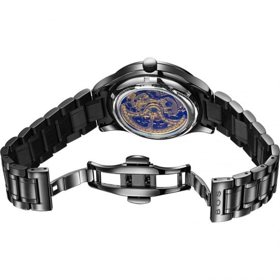 ANGELA BOS 9015 Mechanical Men Watch Black Carve Dial Self Wind Stainless Steel Luxury Wrist Watch