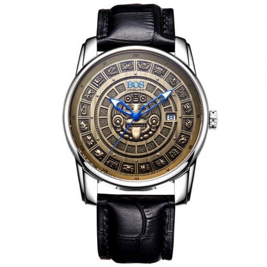 ANGELA BOS 9018 Retro Men Mechanical Watches MAYA Skeleton Design Dials Men Leather Watches