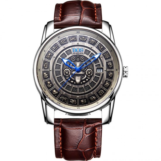 ANGELA BOS 9018 Retro Men Mechanical Watches MAYA Skeleton Design Dials Men Leather Watches