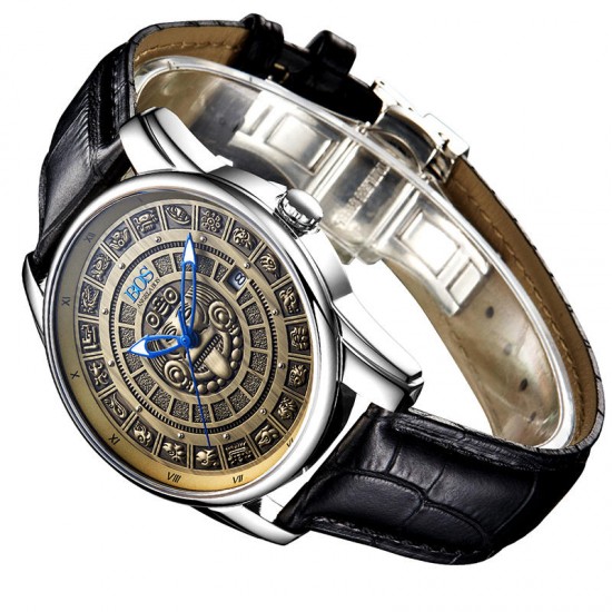 ANGELA BOS 9018 Retro Men Mechanical Watches MAYA Skeleton Design Dials Men Leather Watches