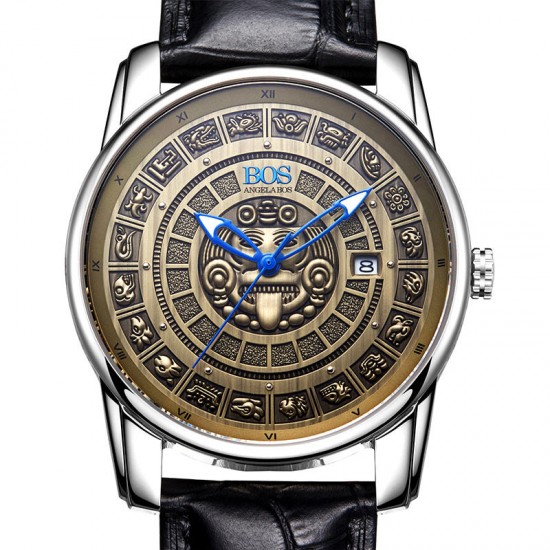 ANGELA BOS 9018 Retro Men Mechanical Watches MAYA Skeleton Design Dials Men Leather Watches