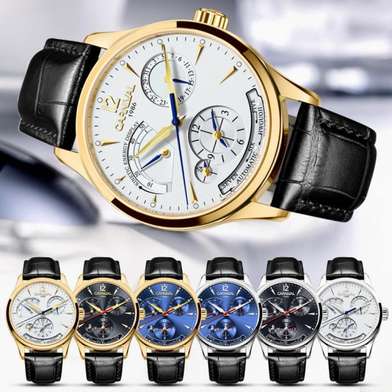 CARNIVAL C19 Multifunction Automatic Mechanical Watch Calendar Genuine Leather Strap Men Watch