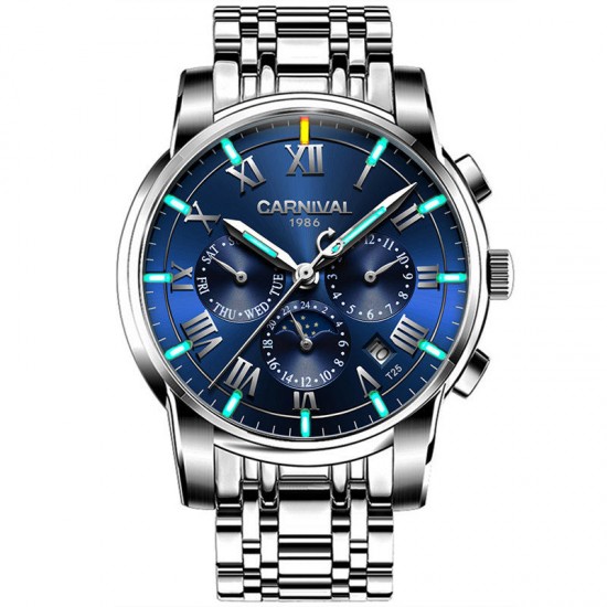 CARNIVAL C8799 Luminous Display Moon Phase Automatic Mechanical Watch Full Steel Waterproof Men Watch