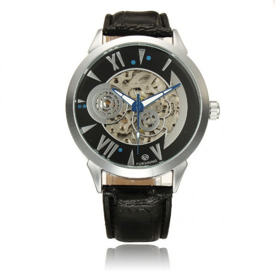 Forsining 897 Black White Leather Band Mechanical Wrist Watch