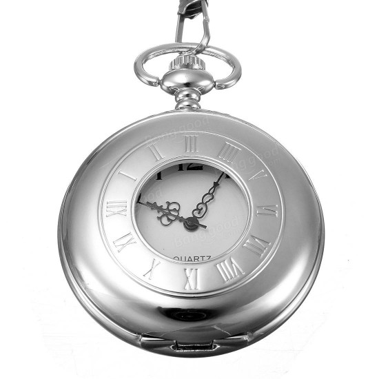 Antique Style Stainless Steel Silver Tone Quartz Pocket Watch Chain