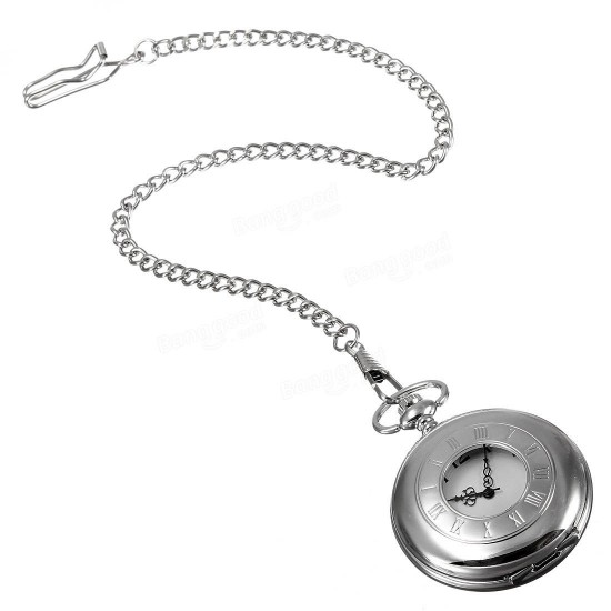 Antique Style Stainless Steel Silver Tone Quartz Pocket Watch Chain