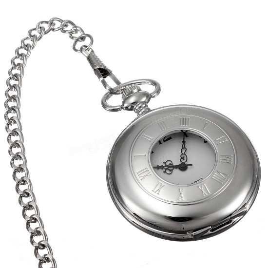 Antique Style Stainless Steel Silver Tone Quartz Pocket Watch Chain