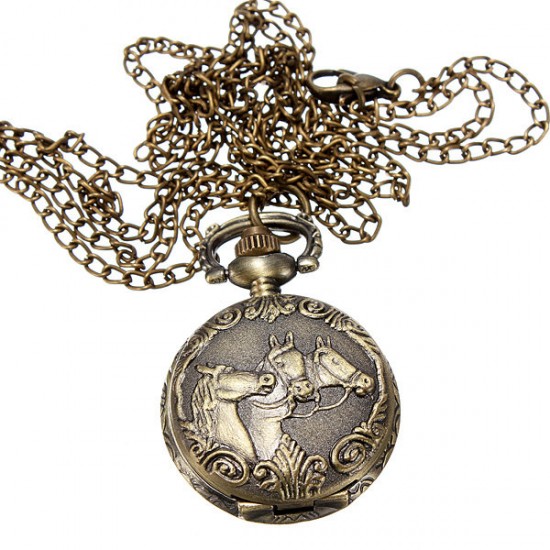 DEFFRUN Bronze 3 Horse Engrave Quartz Pocket Watch Necklace DEFFRUN Bronze 3 Horse Engrave Quartz Pocket Watch Necklace