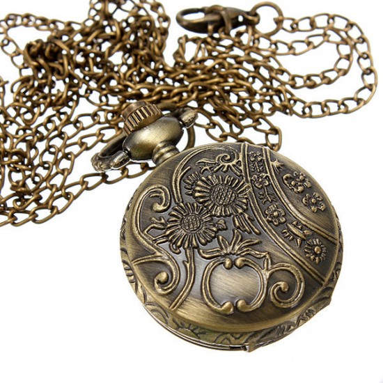 DEFFRUN Bronze 3 Horse Engrave Quartz Pocket Watch Necklace