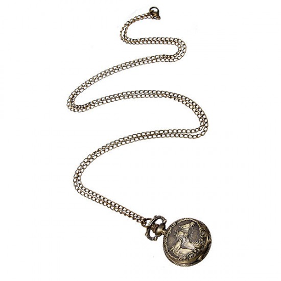 DEFFRUN Bronze 3 Horse Engrave Quartz Pocket Watch Necklace