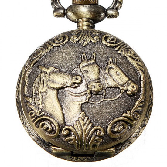 DEFFRUN Bronze 3 Horse Engrave Quartz Pocket Watch Necklace