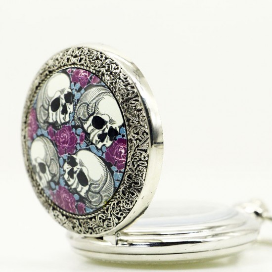 DEFFRUN Creative Rose Skull head Silver Quartz Pocket Watch Antique Pendant DEFFRUN Creative Rose Skull head Silver Quartz Pocket Watch Antique Pendant