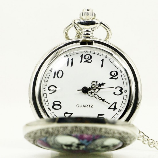 DEFFRUN Creative Rose Skull head Silver Quartz Pocket Watch Antique Pendant