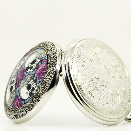 DEFFRUN Creative Rose Skull head Silver Quartz Pocket Watch Antique Pendant
