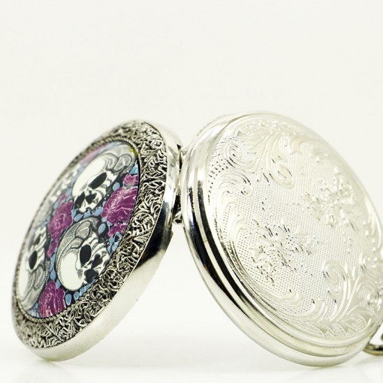 DEFFRUN Creative Rose Skull head Silver Quartz Pocket Watch Antique Pendant DEFFRUN Creative Rose Skull head Silver Quartz Pocket Watch Antique Pendant