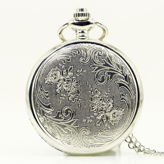 DEFFRUN Creative Rose Skull head Silver Quartz Pocket Watch Antique Pendant