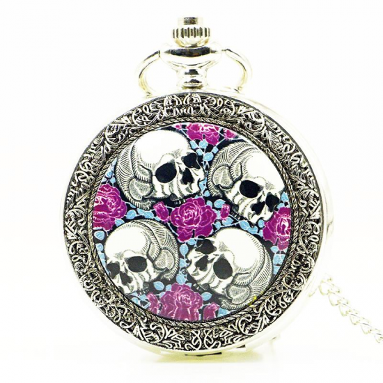 DEFFRUN Creative Rose Skull head Silver Quartz Pocket Watch Antique Pendant DEFFRUN Creative Rose Skull head Silver Quartz Pocket Watch Antique Pendant