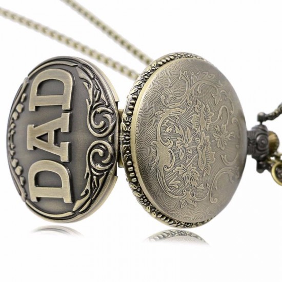 DEFFRUN Dad Pattern Antique Bronze Quartz Pocket Watch with Necklace Men Fob Pendant Watches