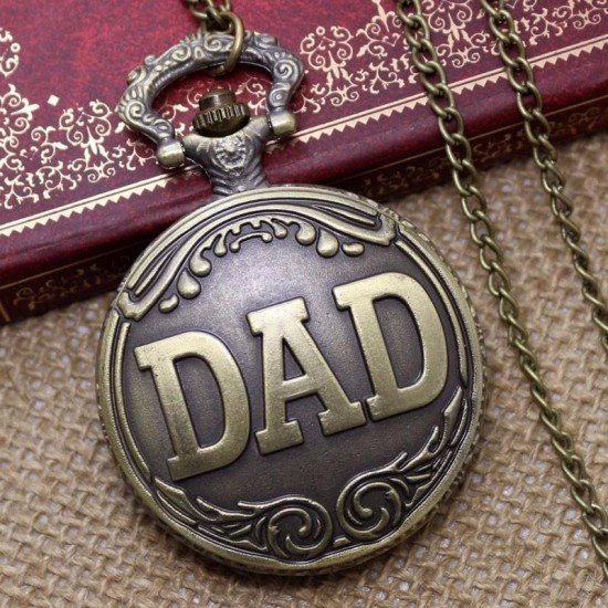 DEFFRUN Dad Pattern Antique Bronze Quartz Pocket Watch with Necklace Men Fob Pendant Watches