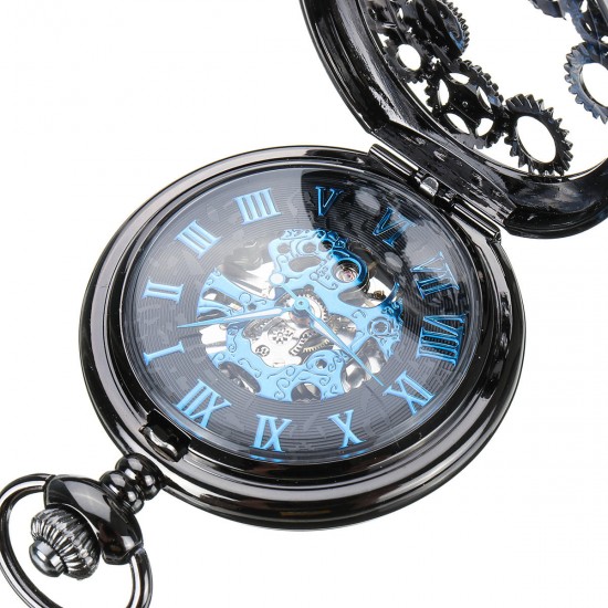 DEFFRUN Elegant Blue Needle Full Steel Mechanical Pocket Watch