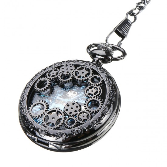 DEFFRUN Elegant Blue Needle Full Steel Mechanical Pocket Watch