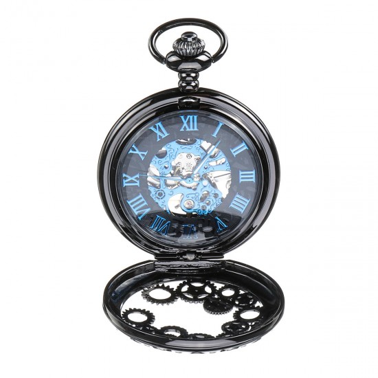 DEFFRUN Elegant Blue Needle Full Steel Mechanical Pocket Watch