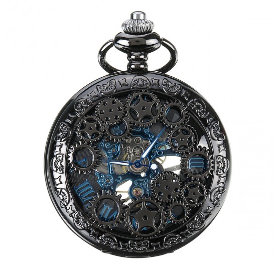 DEFFRUN Elegant Blue Needle Full Steel Mechanical Pocket Watch