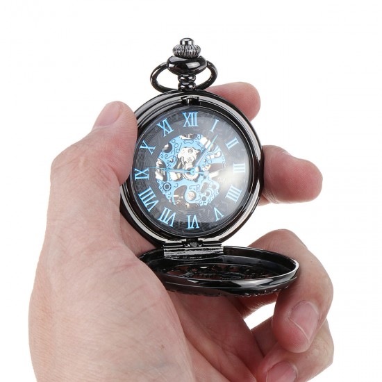 DEFFRUN Elegant Blue Needle Full Steel Mechanical Pocket Watch