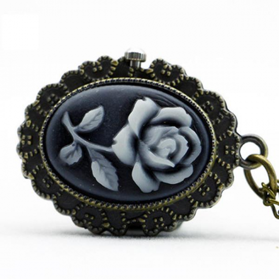 DEFFRUN Fashion Flower Rose Bronze Quartz Pocket Watch Retro Pendant Necklace DEFFRUN Fashion Flower Rose Bronze Quartz Pocket Watch Retro Pendant Necklace