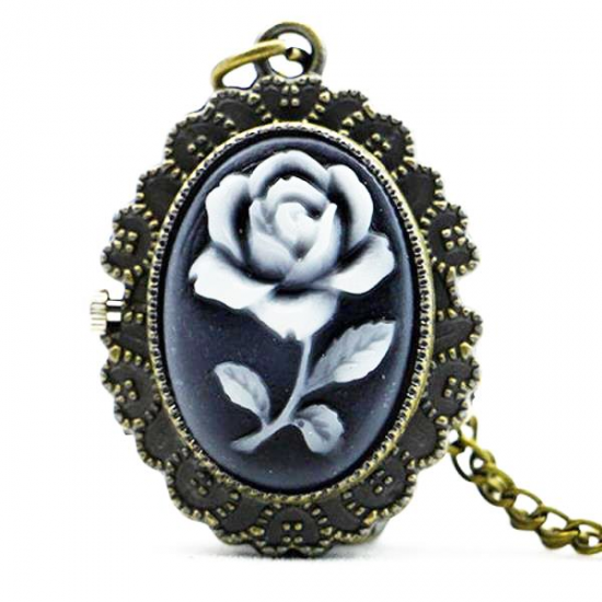 DEFFRUN Fashion Flower Rose Bronze Quartz Pocket Watch Retro Pendant Necklace DEFFRUN Fashion Flower Rose Bronze Quartz Pocket Watch Retro Pendant Necklace