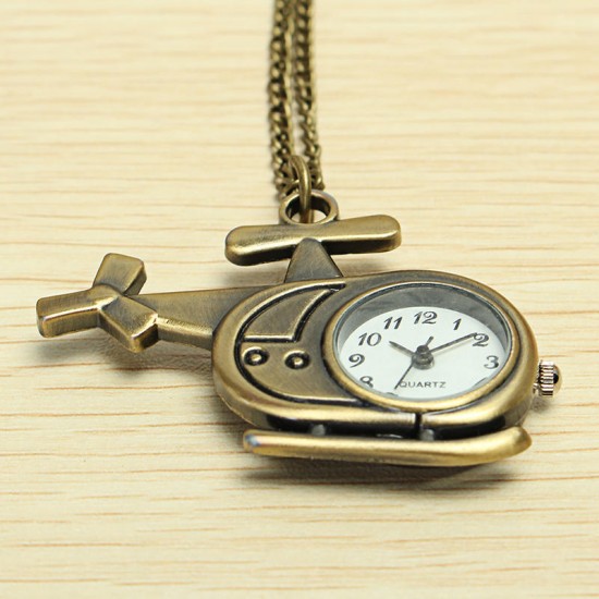 DEFFRUN Fashion Helicopter Bronze Quartz Pocket Watch Retro Creative Pendant Necklace