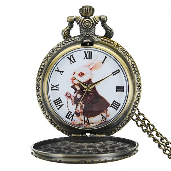 DEFFRUN Fashion Rabbit Pattern Necklace Chain Quartz Pocket Watch