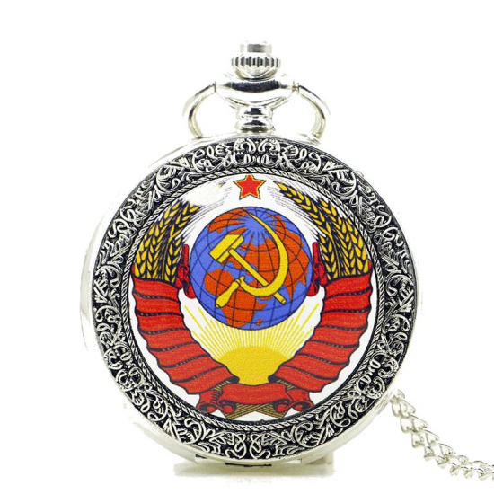 DEFFRUN Fashion Soviet Sickle Hammer Silver Quartz Pocket Watch Pendant Necklace