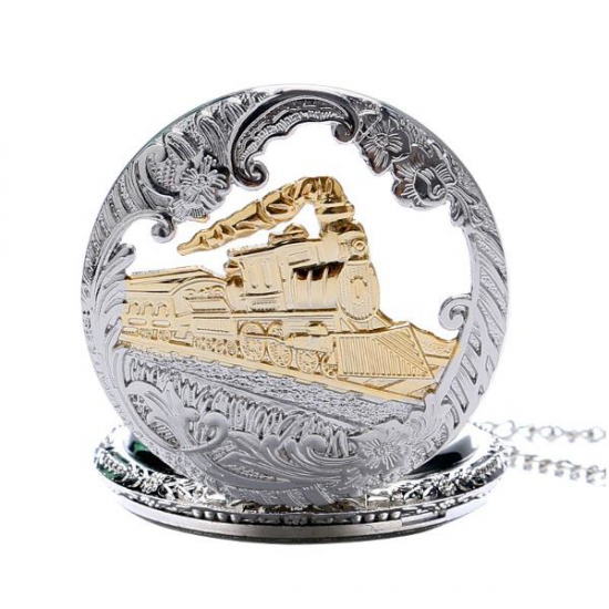 DEFFRUN Fashion Train Carved Openable Hollow Steampunk Pocket Watch Charming Necklace Quartz Watch