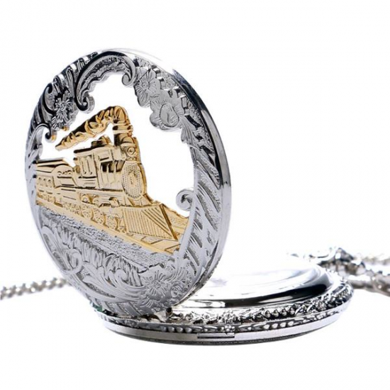 DEFFRUN Fashion Train Carved Openable Hollow Steampunk Pocket Watch Charming Necklace Quartz Watch