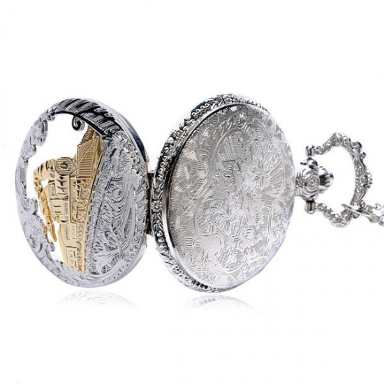 DEFFRUN Fashion Train Carved Openable Hollow Steampunk Pocket Watch Charming Necklace Quartz Watch