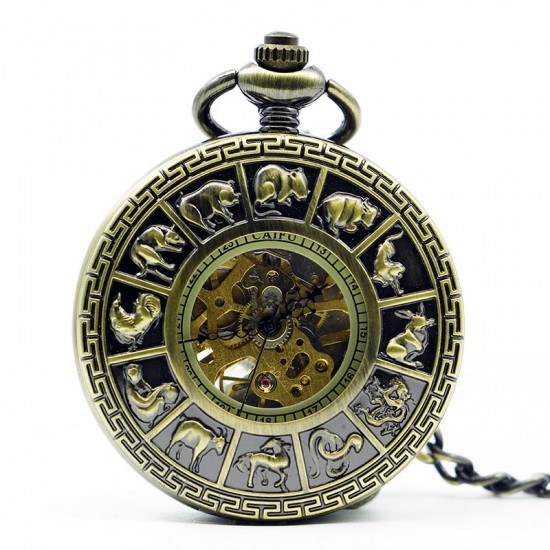 DEFFRUN Fashion Zodiac Roman Numerals Machanical Pocket Watch Creative Pendant Necklace