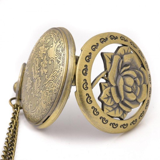 DEFFRUN Hollow Flower Pattern Simple Dial Chain Quartz Pocket Watch