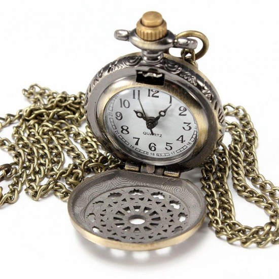 DEFFRUN Vintage Steam Punk Quartz Bronze Necklace Pocket Watch