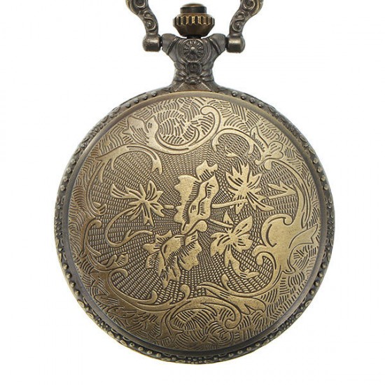 DEFFRUN XHB02 Fashion Bronze Pocket Watch Owl Pattern Necklace Vintage Chain Quartz Watch