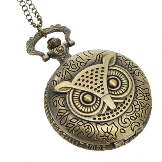 DEFFRUN XHB02 Fashion Bronze Pocket Watch Owl Pattern Necklace Vintage Chain Quartz Watch